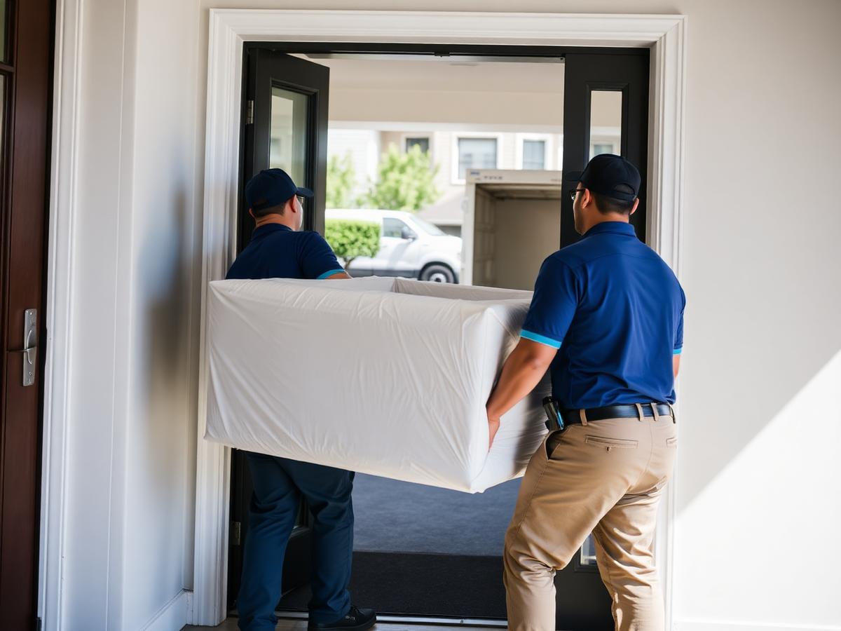 Equipe entregando um sofá na casa do cliente
